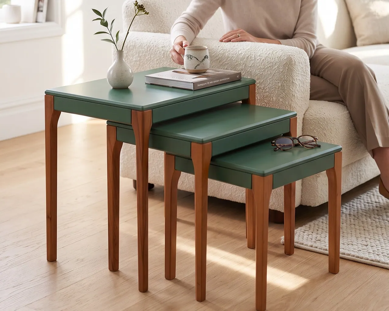 Yeşil kaplamalı zigon sehpa ile modern salon